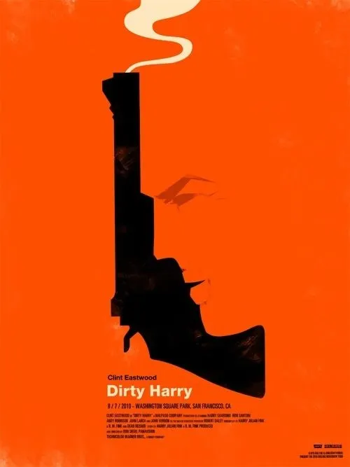 Movie Poster from Dirty Harry. Black gun on orange background. The gun blends in to the background that forms a face from the contours of the gun, or is it the the face that forms the contours of the gun…
